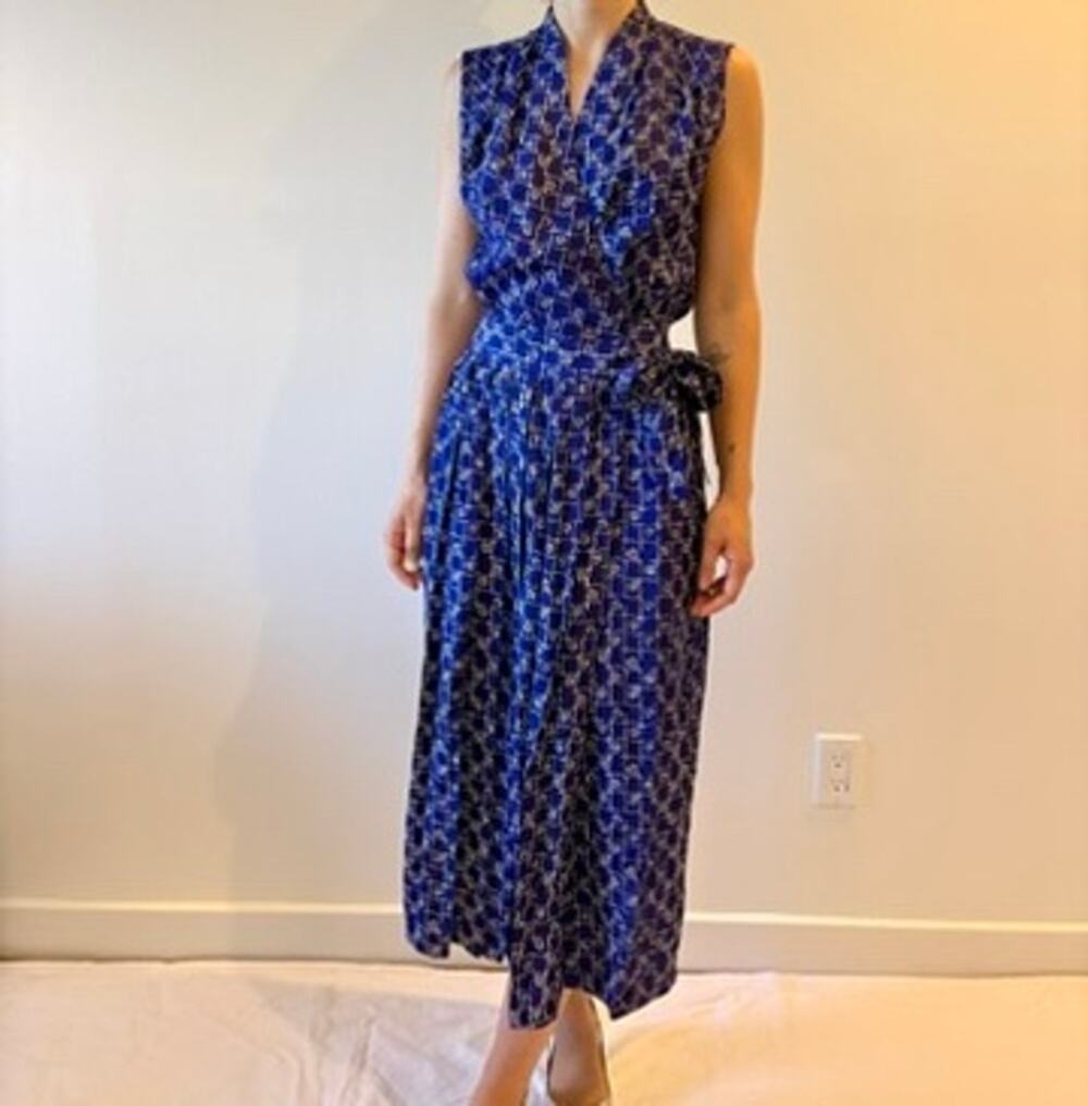 vintage 80s midi wrap purple patterned dress